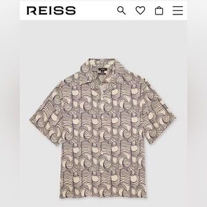NWT REISS Wave Print Cuban Collar Shirt in Off White/Navy